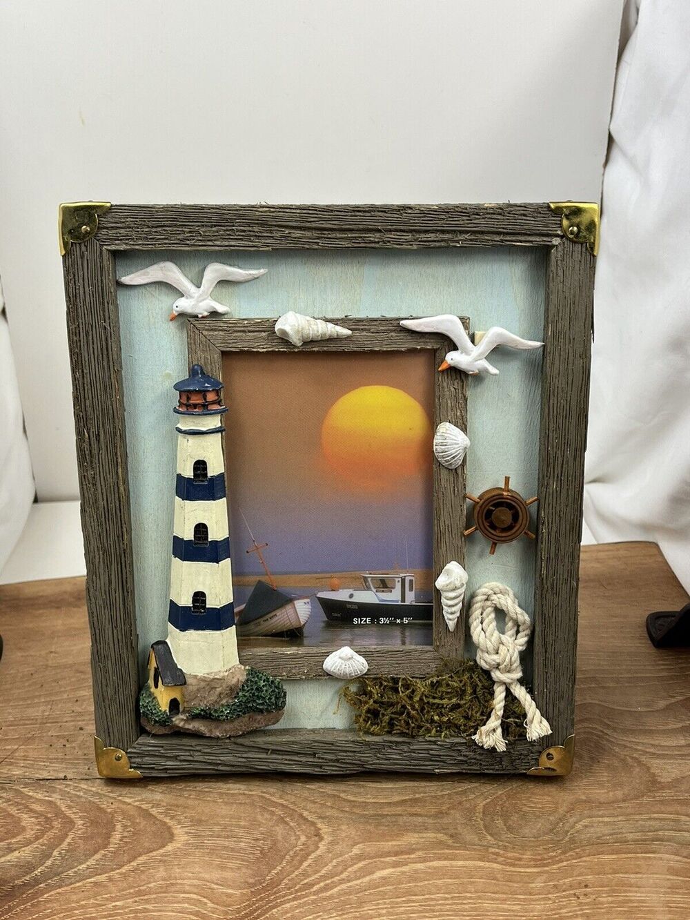 Vintage Lighthouse Picture Frame Table Desk Top Glass Multicolor Nautical Sea
